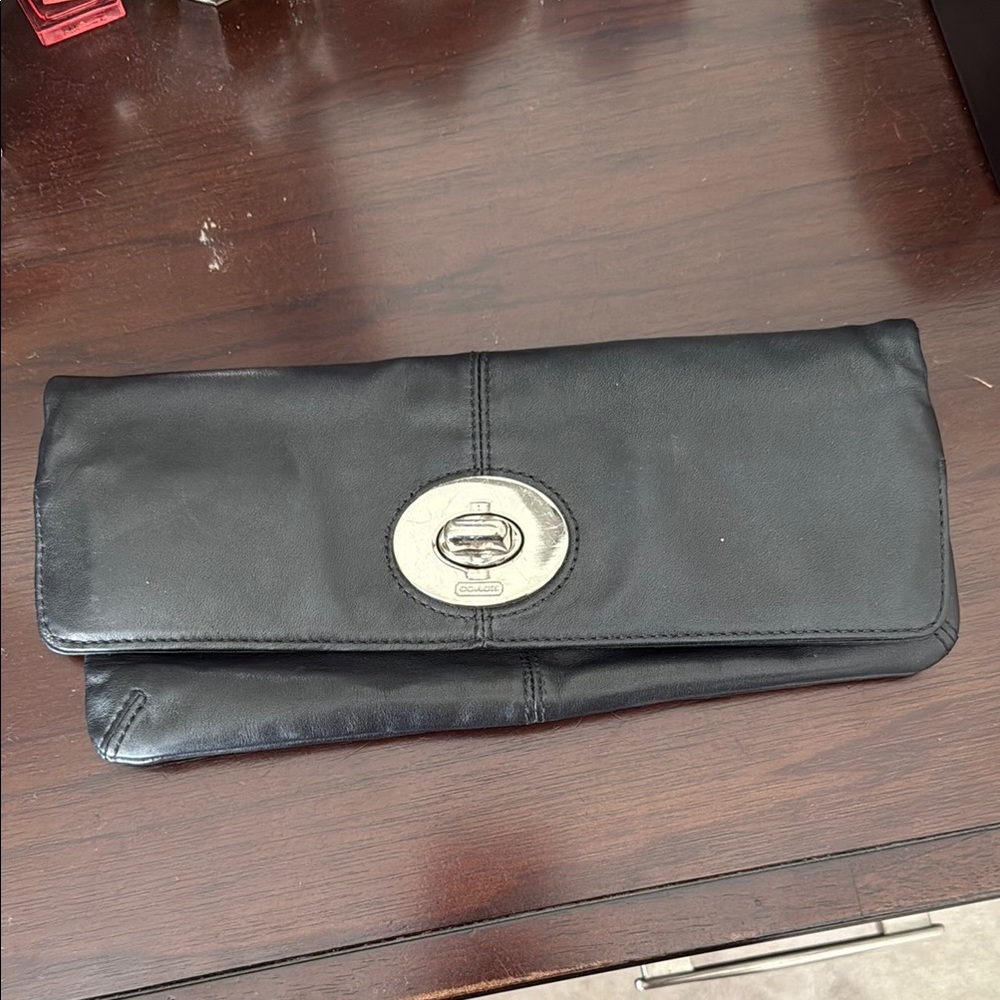 Coach Black Leather Clutch with Silver Accent